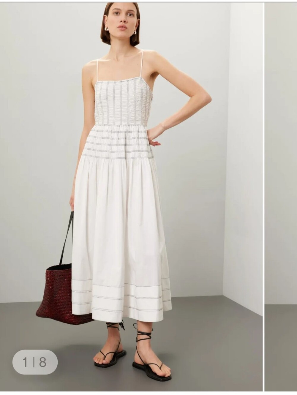 SAYLOR White Smocked Midi Dress with Thin Straps